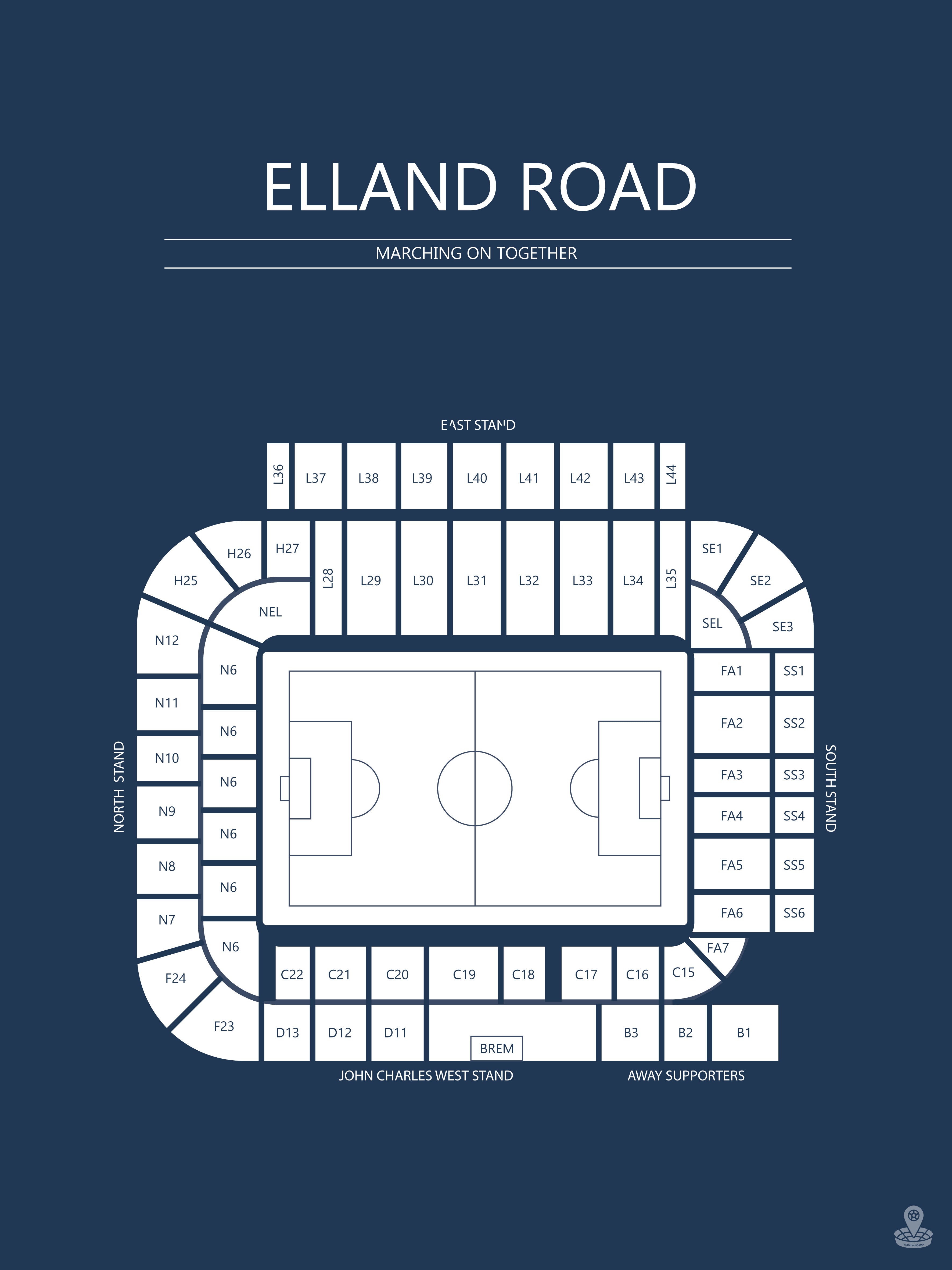 Fodbold plakat Lees Elland Road Stadium Mørkeblå