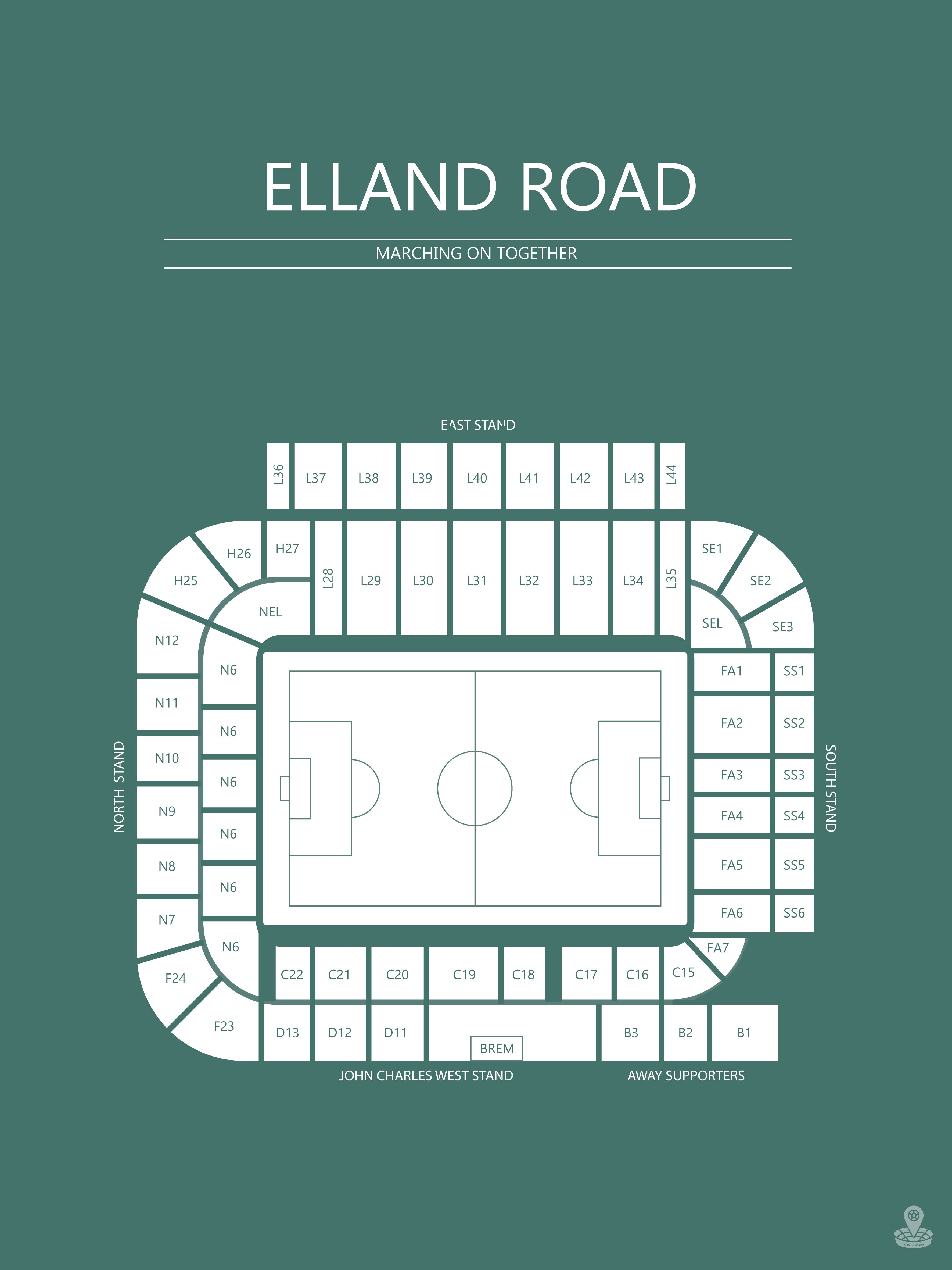 Fodbold plakat Lees Elland Road Stadium Mørkegrøn