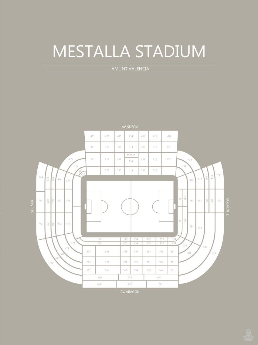 Fodbold plakat Valencia Mestalla Stadium Grå