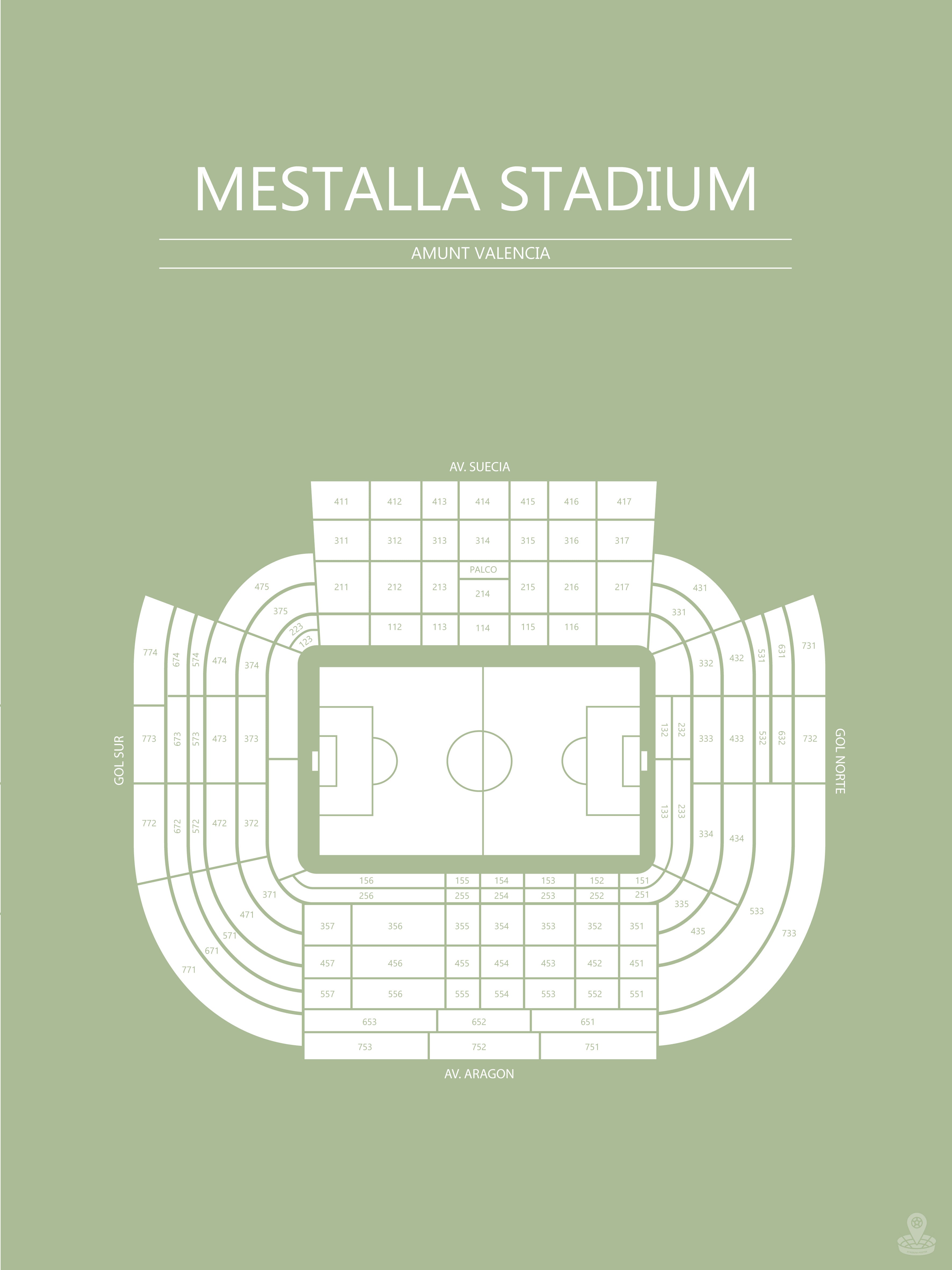 Fodbold plakat Valencia Mestalla Stadium Lysegrøn