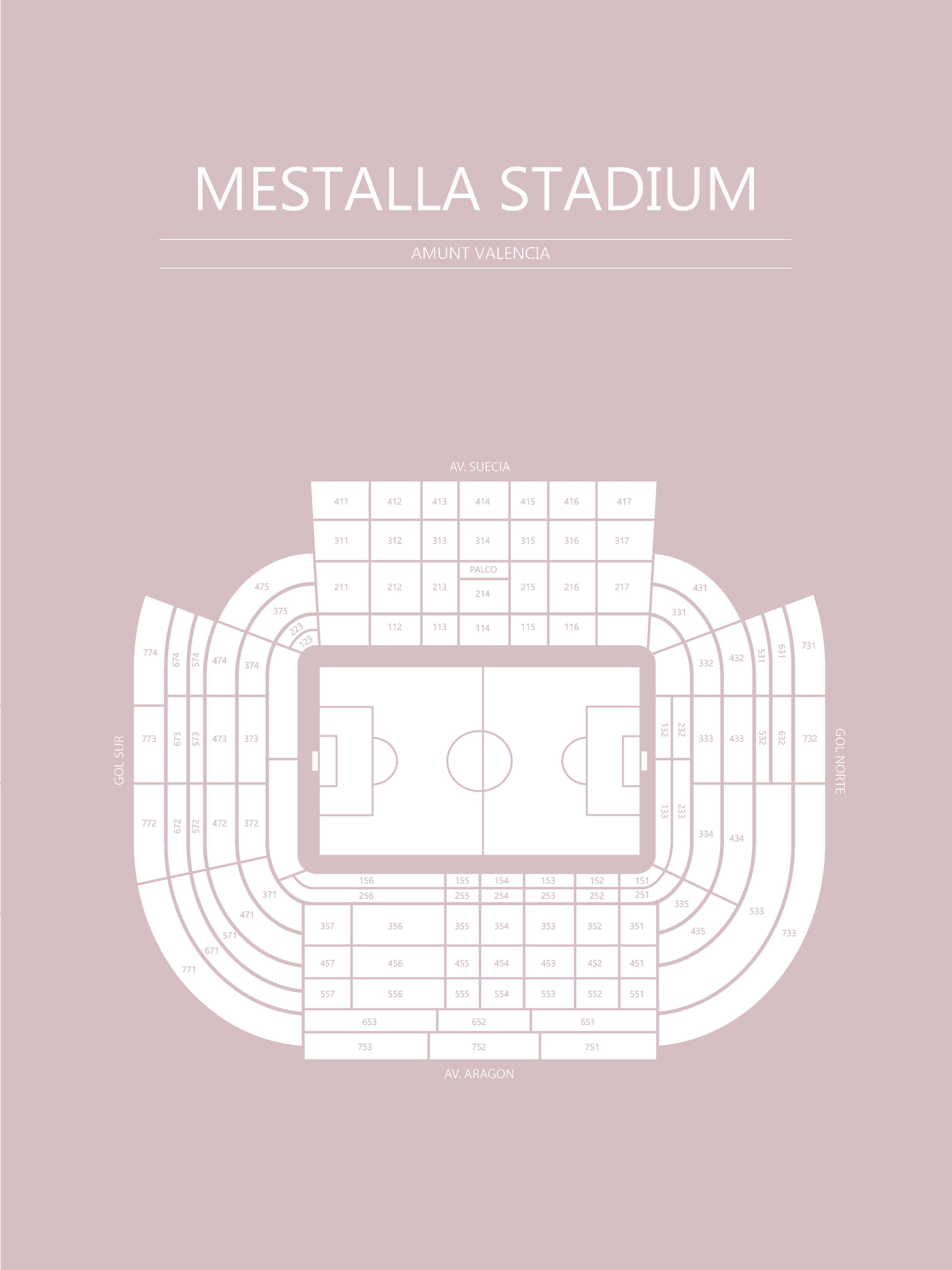 Fodbold plakat Valencia Mestalla Stadium Lyserød