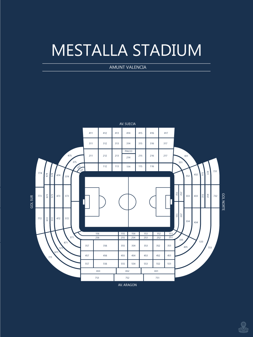 Fodbold plakat Valencia Mestalla Stadium Mørkeblå