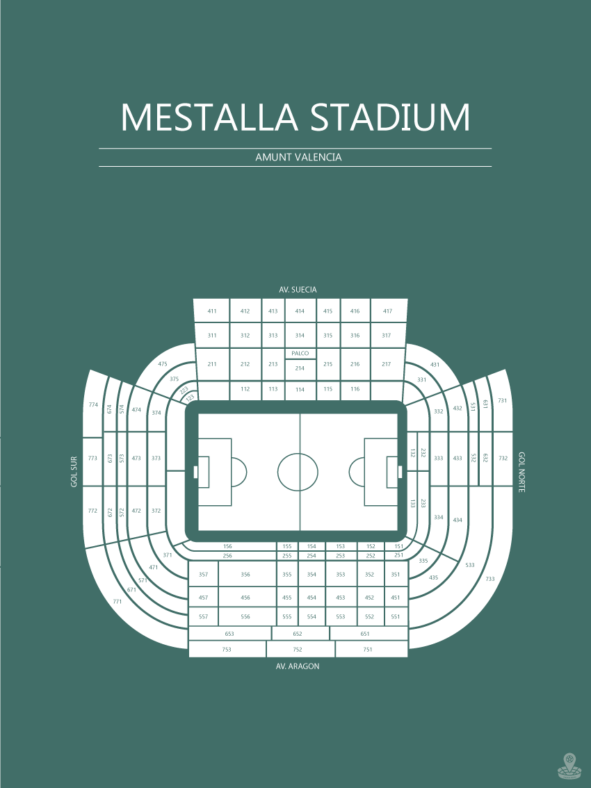 Fodbold plakat Valencia Mestalla Stadium Mørkegrøn
