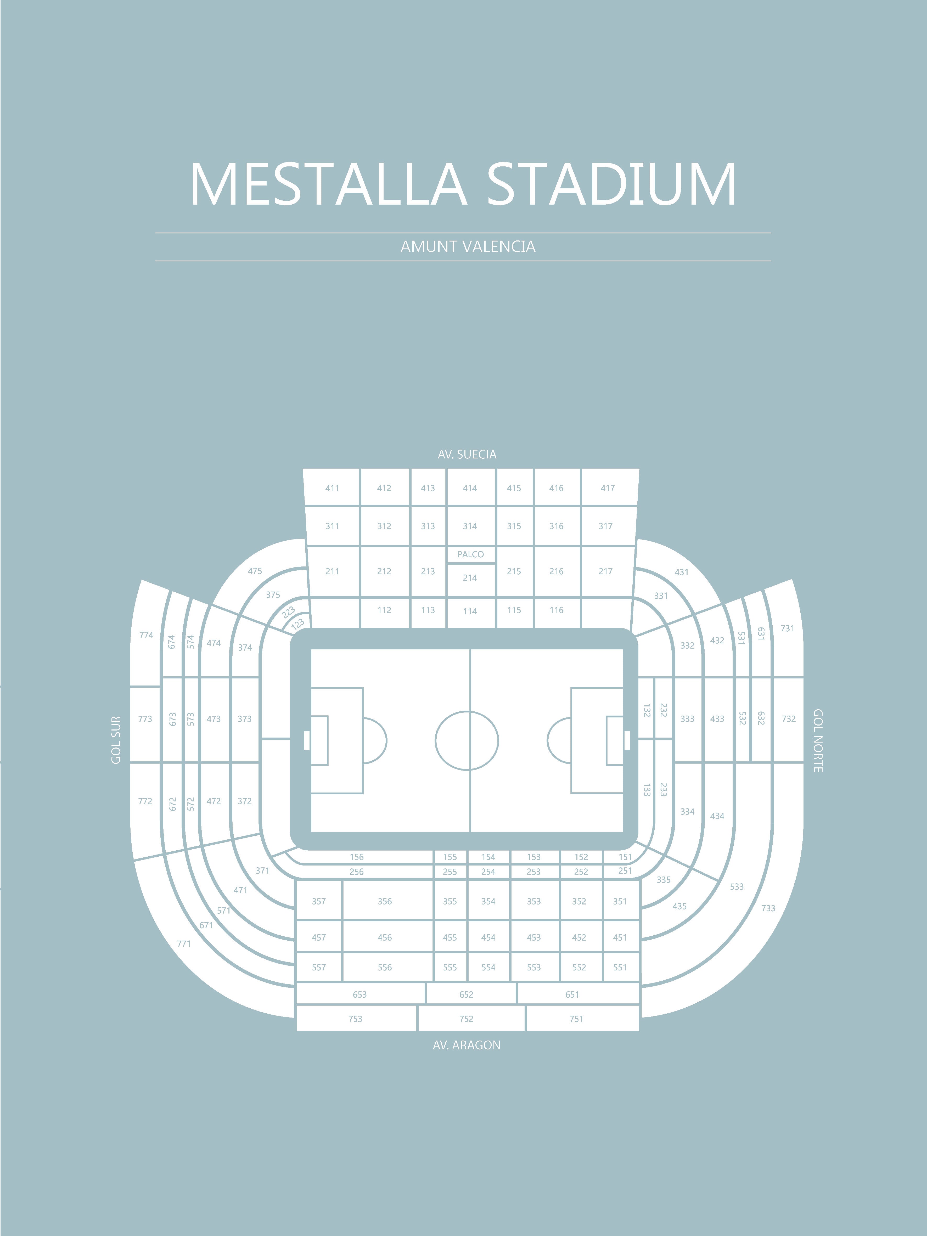 Fodbold plakat Valencia Mestalla Stadium Lyseblå