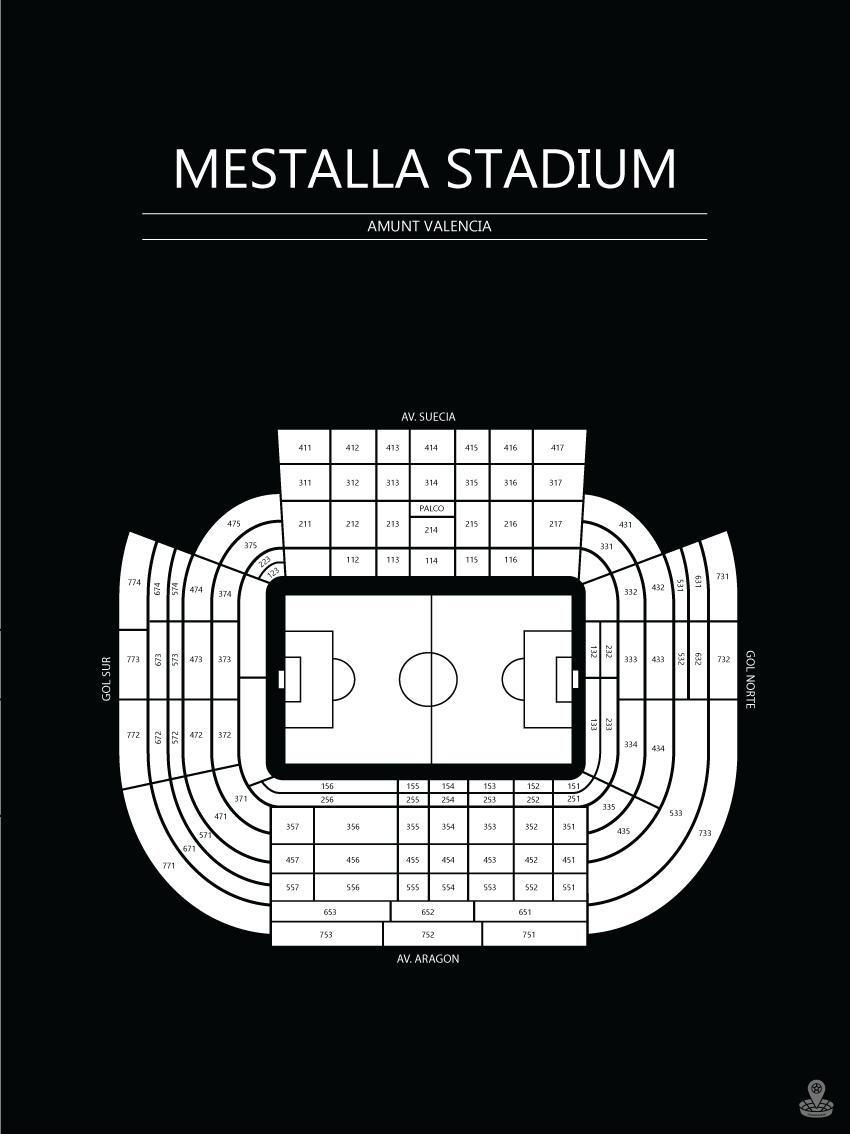 Fodbold plakat Valencia Mestalla Stadium Sort